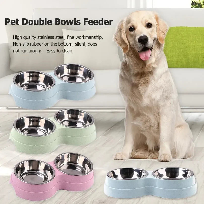 Double Pet Bowls Dog Food Water Feeder Stainless Steel Pet Food Water Bowls Feeder Cat Puppy Feeding Supplies Dog Accessories